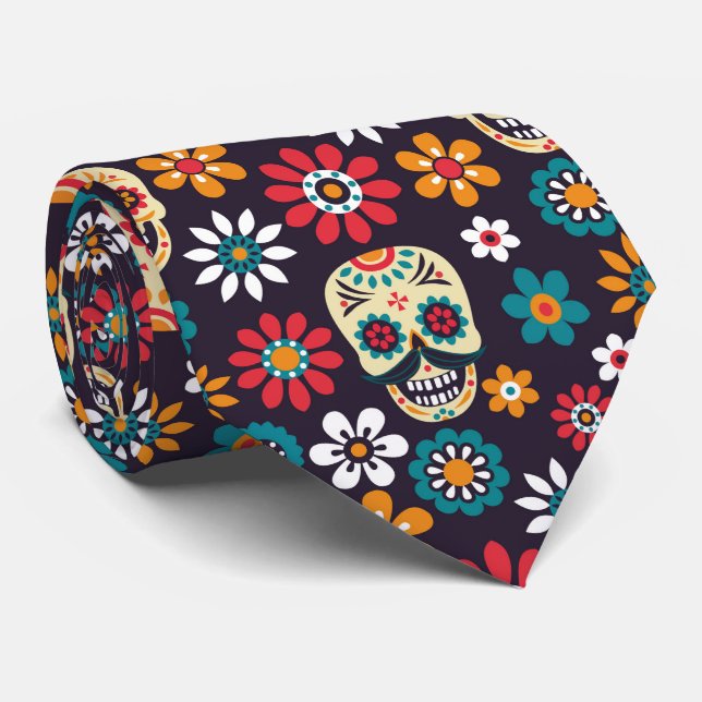 Gravata multicolor skull floral pattern (Rolled)