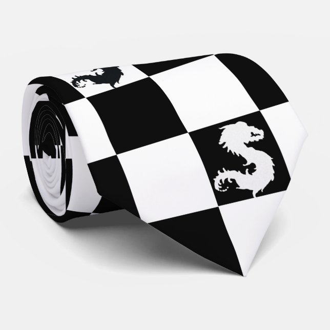 Gravata Na moda Black & White Checks Padrão & Dragon (Rolled)
