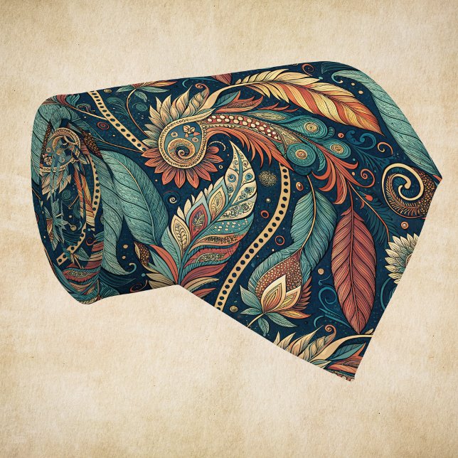 Gravata Native American Feather Swirl Terra Cotta Teal (Criador carregado)