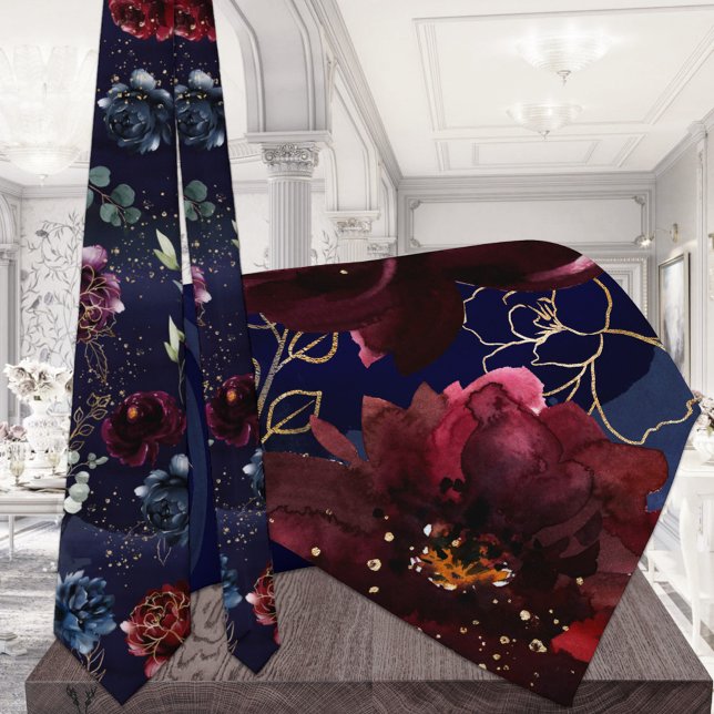 Gravata Navy Bordeaux Garden Wedding Tie (Criador carregado)