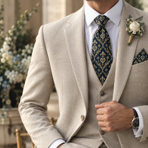 Gravata Navy Dourado Fleur de Lis Barroco Damasco