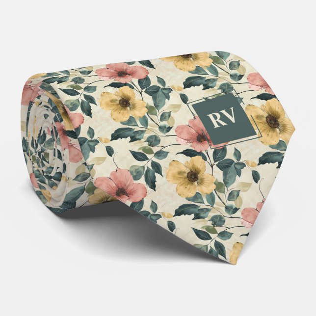 Gravata Necktie Floral Monograma de Jardim de Aquarelas (Rolled)
