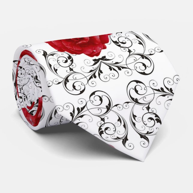Gravata Necktie - Red Roses Black Scrollwork (Rolled)