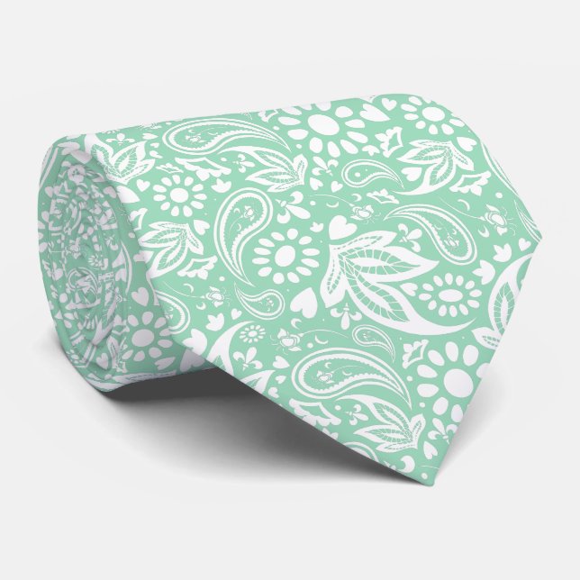 Gravata Neo Mint e White Romantic Paisley Pattern (Rolled)
