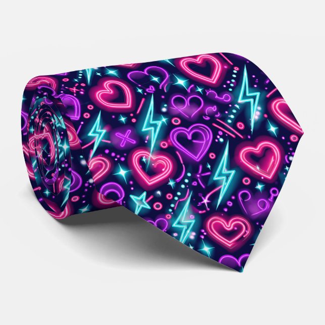 Gravata Neon Valentine Hearts Seamless Pattern Modern Love (Rolled)