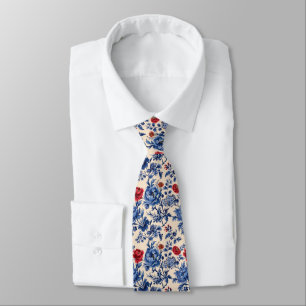 Gravata Noivo Floral Aquarela Chinoiserie Toile Azul Verme