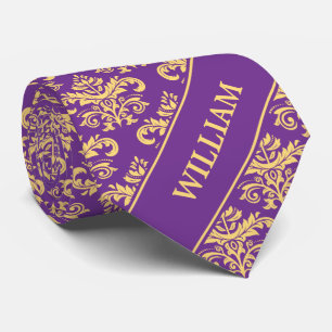 Gravata Nome Dourado roxo do monograma do damasco do