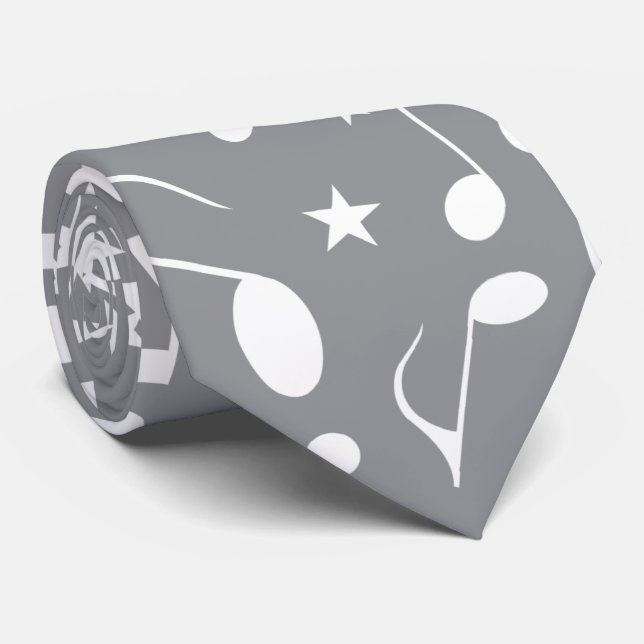 Gravata Notas de música branca simples e divertida em Cinz (Rolled)