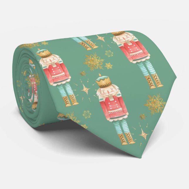 Gravata O Ouro Nutcracker de Natal Snowflakes Verde (Rolled)
