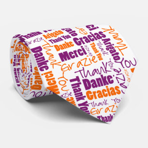 Gravata Obrigado multilingue roxo e alaranjado você