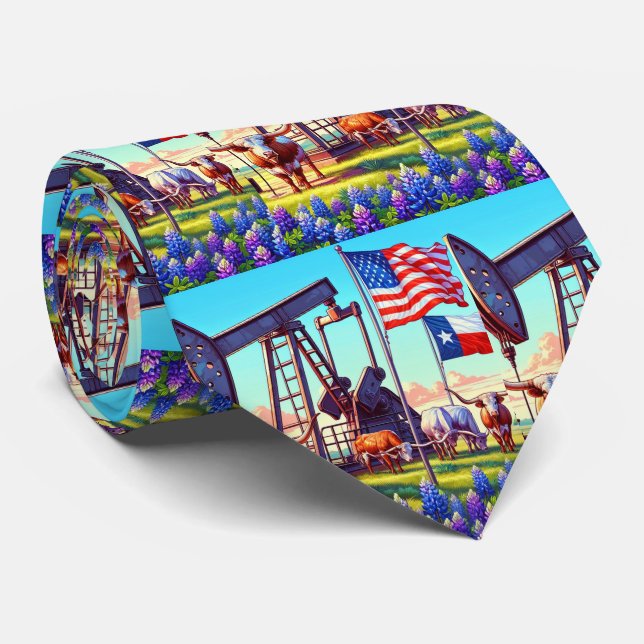 Gravata Oil Pump Jack Texas American Flag Longhorn Steer (Rolled)