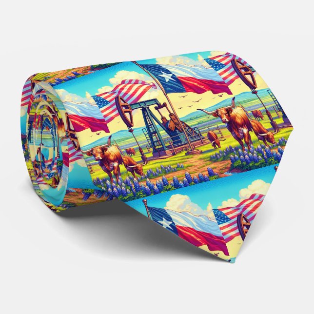 Gravata Oil Pump Jack Texas American Flag Longhorn Steer (Rolled)
