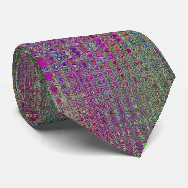 Gravata Ondas Abstratas de Boomerang Retro Roxo e Verde (Rolled)