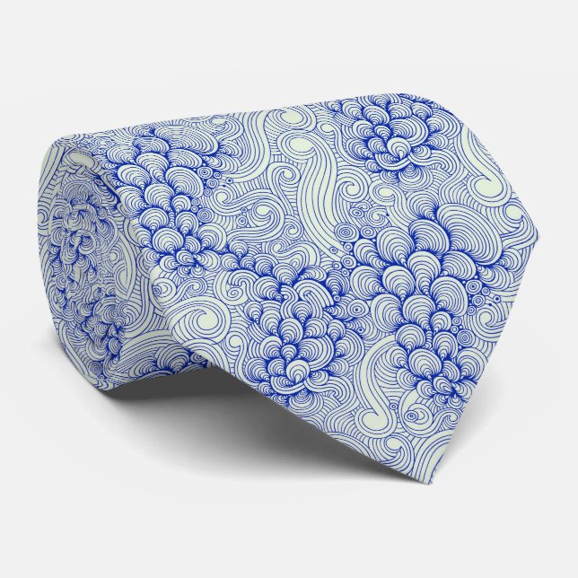 Gravata Ondas do Oceano Azul & Padrão de Conchas (Rolled)