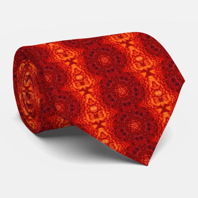 Gravata ORANGE RED DAHLIA FLOWERS Abstrato Floral (Rolled)