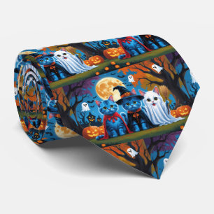 Gravata Oriental Blue Cats Pumpkin Halloween Engraçado