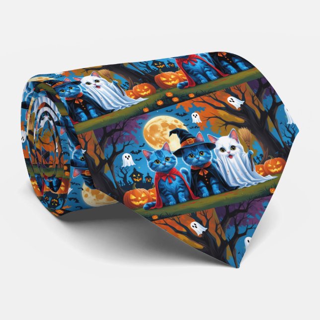 Gravata Oriental Blue Cats Pumpkin Halloween Engraçado (Rolled)