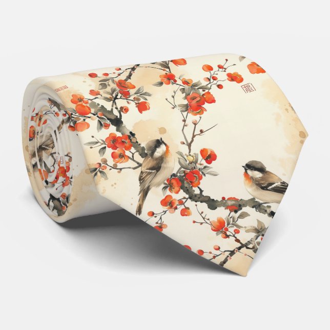 Gravata Oriental Songbirds and Blossom - Traditional Asian (Rolled)