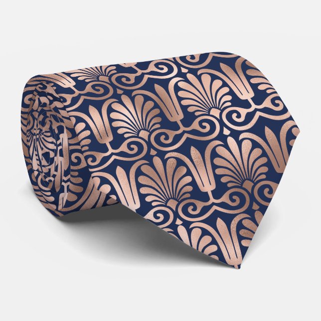 Gravata Ornamentado Padrão Deco Rosa Marinho Dourado Azul (Rolled)