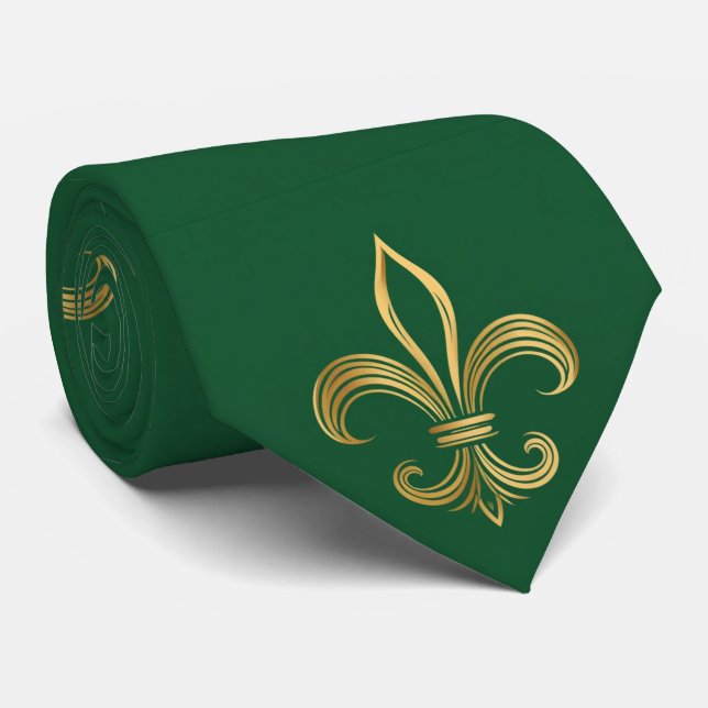Gravata Ornate Gold Fleur-de-lis Mardi Gras Green Carnival (Rolled)
