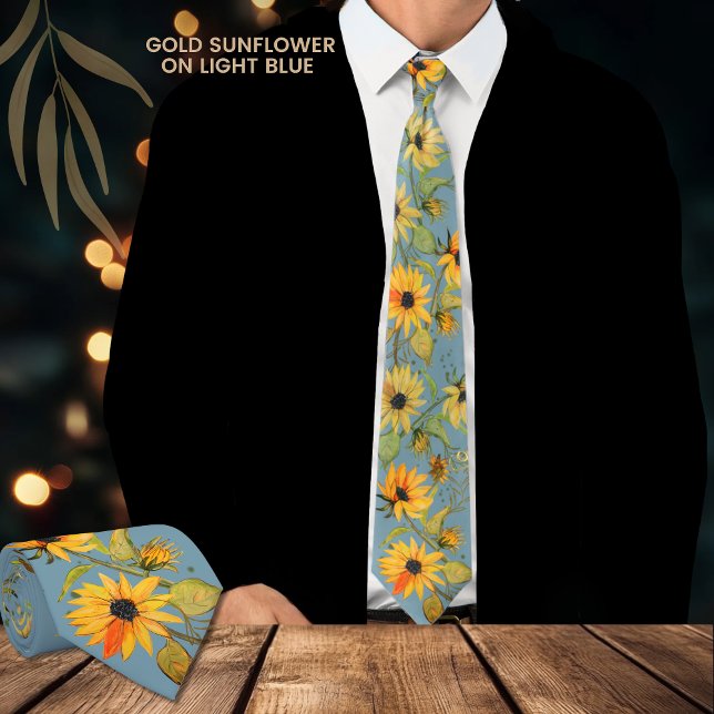 Gravata Ouro Aquarela Chave Azul Sunflower (Golden Watercolor Sunflower Light Blue Neck Tie)