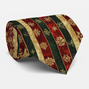 Gravata Ouro de Natal Floco de Neve Listras Vermelhas e Ve
