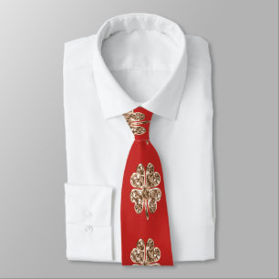 Gravata Ouro Quatro Folha Véu Festivo Vermelho e Chic Dour