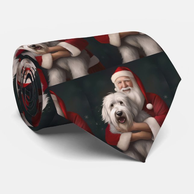Gravata Ovelha Cachorro Inglês com Papai Noel Festivo (Rolled)