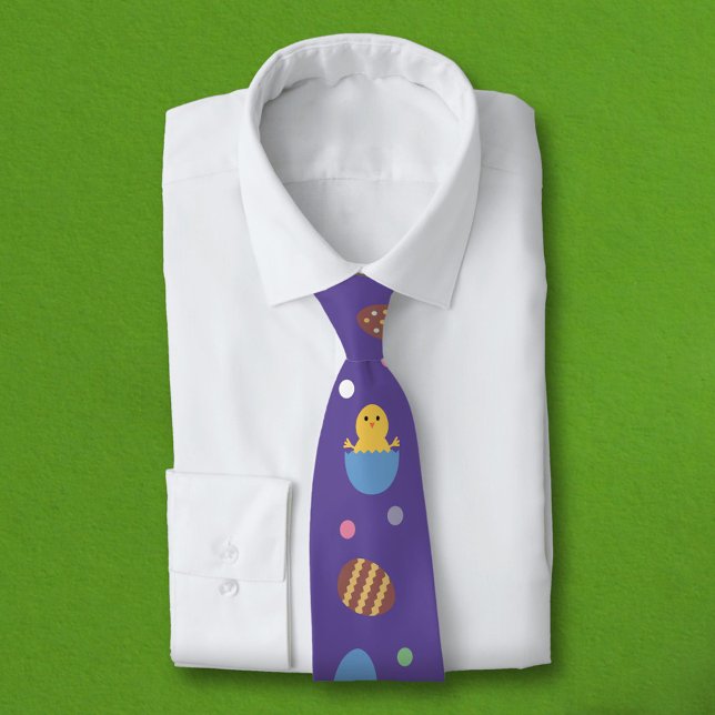 Gravata Ovos de Páscoa, Bolinhas e Pintinhos em roxo (Easter Eggs, Polka Dots and Chick on Purple Neck Tie)