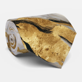 Gravata Padrão Abstrato de Mármore Dourado Branco de Luxo
