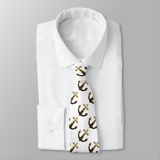 Gravata Padrão âncora brilho falso dourado branco (Amarrado)