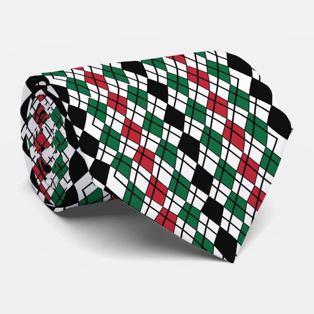 Gravata Padrão Argyle Preto Verde Vermelho  (Rolled)
