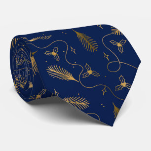 Gravata Padrão Azul e Dourado Elegante de Natal