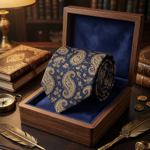 Gravata Padrão Barroco Clássico Navy Gold Paisley