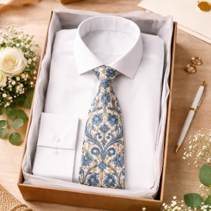 Gravata Padrão Barroco Floral Azul Elegante Clássico