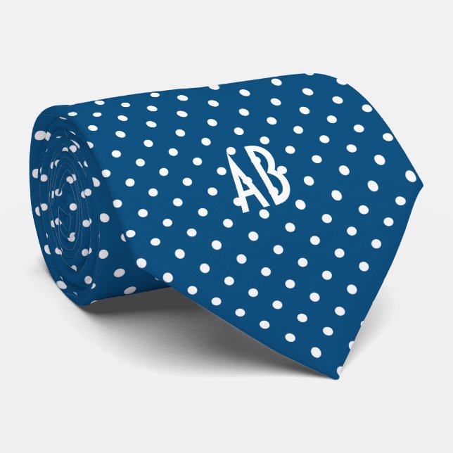 Gravata Padrão Bolinhas com Monograma (Azul Escuro) (Rolled)