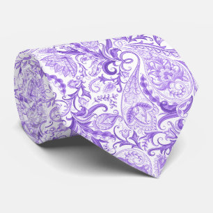 Gravata Padrão Bonito de Paisley Branco Violeta Roxo