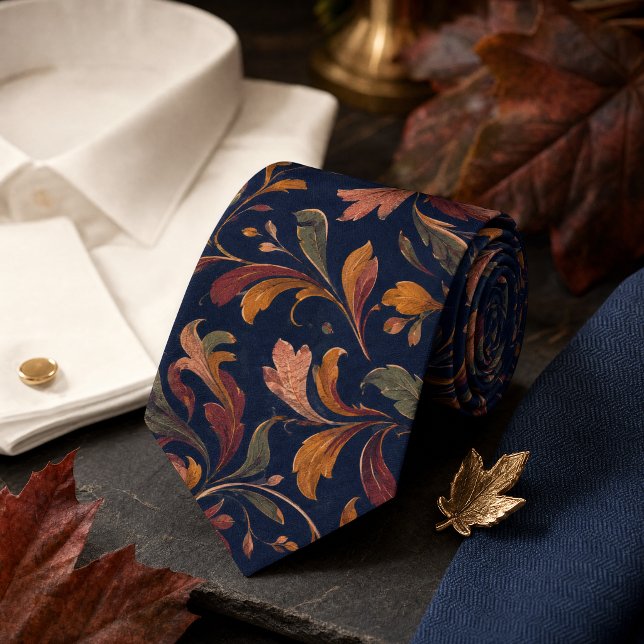 Gravata Padrão Botânico de Outono – Azul-Marinho Profundo (Autumn Botanical Pattern – Deep Navy Neck Tie)