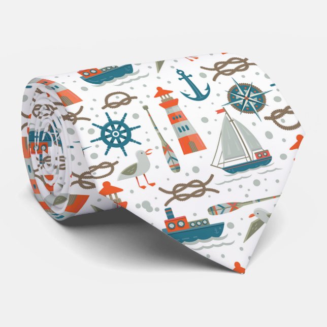 Gravata Padrão branco da cinza vermelha com tema náutico (Rolled)