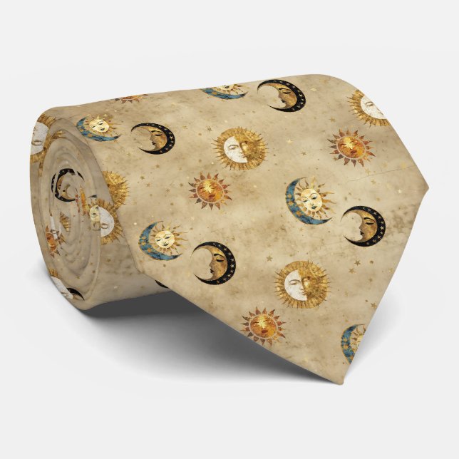 Gravata Padrão Celestial Cósmico de Luas Estrelas em Ouro  (Rolled)