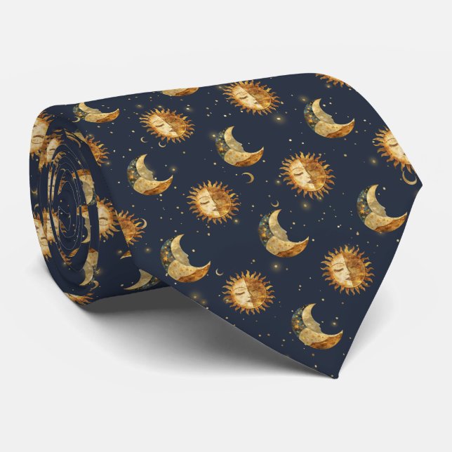 Gravata Padrão Celestial Sol & Lua Estrela Dourada Noite ( (Rolled)