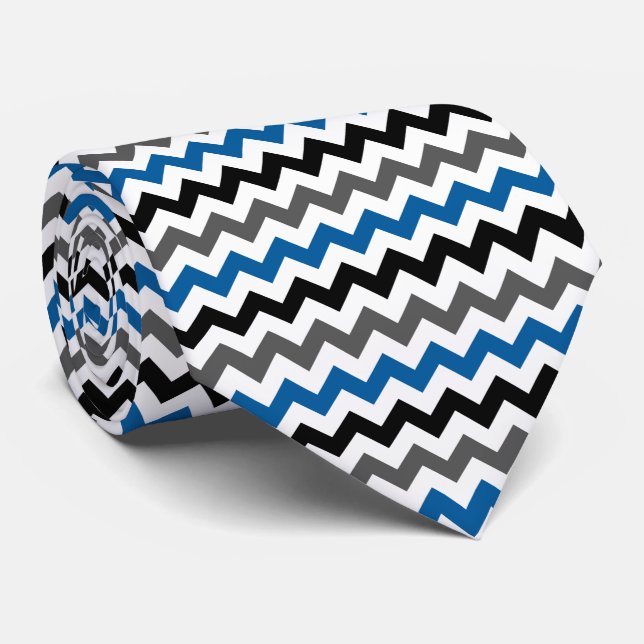 Gravata Padrão Chevron Fundo Cinza Azul Preto Branco (Rolled)