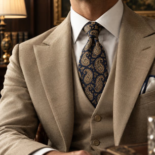Gravata Padrão Clássico Barroco Paisley Dourado Marinho