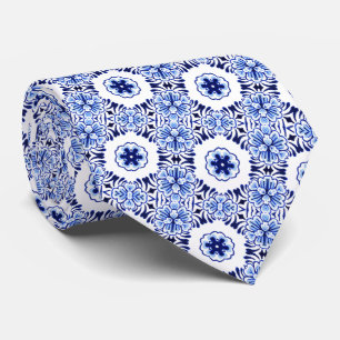 Gravata Padrão Clássico de Arte Floral Azul Delft Holandês