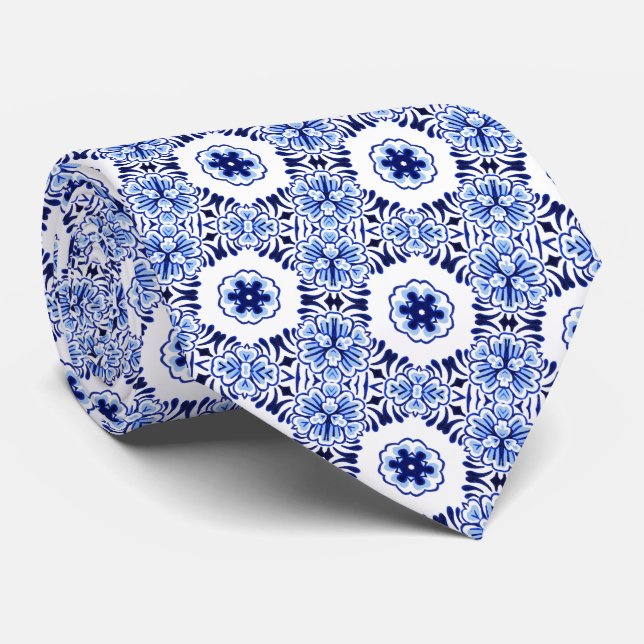 Gravata Padrão Clássico de Arte Floral Azul Delft Holandês (Rolled)