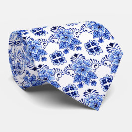 Gravata Padrão Clássico de Arte Floral Azul Delft Holandês