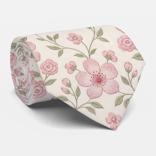 Gravata Padrão contínuo de creme floral rosa com verde sua (Rolled)
