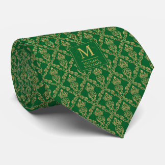 Gravata Padrão Damask Seamless Verde Esmeralda e Dourado