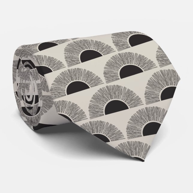 Gravata Padrão de Abstrato de Arte Moderno Preto e bege Su (Rolled)