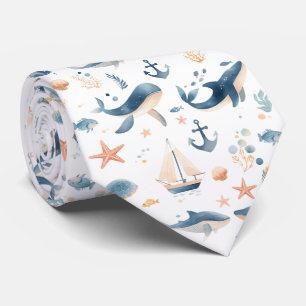 Gravata Padrão de animais marinhos em aquarela